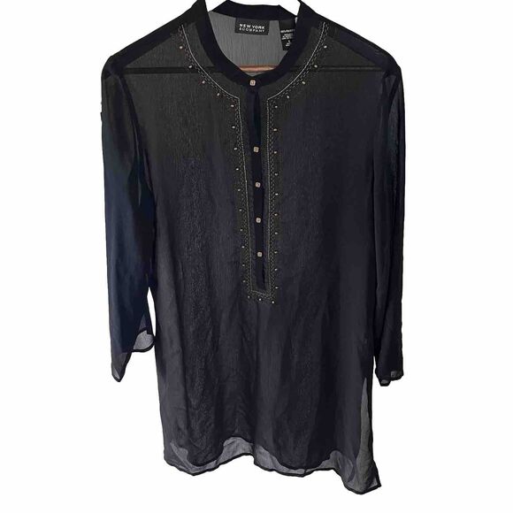 NEW YORK & COMPANY Sheer Black Embroidered Beaded Tunic Swim Cover-Up Large - Picture 2 of 14